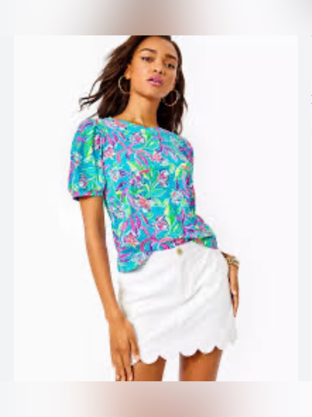 Lilly Pulitzer Turquoise Floral Puff-Sleeve Top